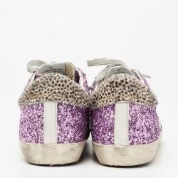 Pre Owned Golden Goose Purple Glitter And Leather Superstar Low Top Sneakers Size 39