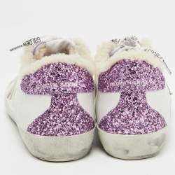 Pre Owned Golden Goose White/Purple Leather and Glitter Super Star Sneakers Size 38