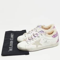 Pre Owned Golden Goose White/Purple Leather and Glitter Super Star Sneakers Size 38