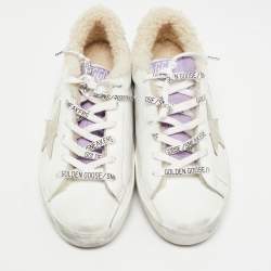 Pre Owned Golden Goose White/Purple Leather and Glitter Super Star Sneakers Size 38