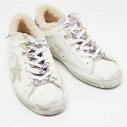 Pre Owned Golden Goose White/Purple Leather and Glitter Super Star Sneakers Size 38