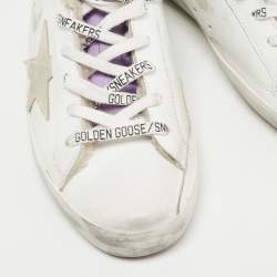 Pre Owned Golden Goose White/Purple Leather and Glitter Super Star Sneakers Size 38