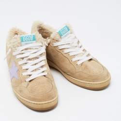 Pre Owned Golden Goose Beige Suede and Fur Ball Star Low Top Sneakers Size 37