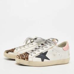 Golden Goose White/Pink Leather and Calf Hair Leopard Print Hi Star Sneakers Size 37