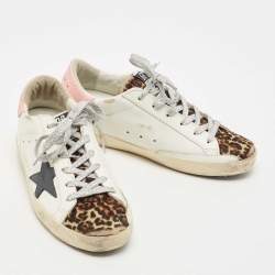 Golden Goose White/Pink Leather and Calf Hair Leopard Print Hi Star Sneakers Size 37