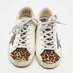 Golden Goose White/Pink Leather and Calf Hair Leopard Print Hi Star Sneakers Size 37