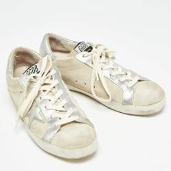 Pre Owned Golden Goose Grey/Silver Suede and Leather Super Star Sneakers Size 39