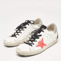 Pre Owned Golden Goose White Glitter and Leather Super Star Low Top Sneakers Size 38