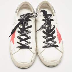 Pre Owned Golden Goose White Glitter and Leather Super Star Low Top Sneakers Size 38