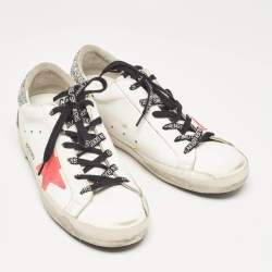 Pre Owned Golden Goose White Glitter and Leather Super Star Low Top Sneakers Size 38