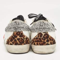 Pre Owned Golden Goose White Glitter and Leather Super Star Low Top Sneakers Size 38