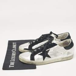 Pre Owned Golden Goose Silver/Black Leather and Suede Superstar Lace Up Sneakers Size 40