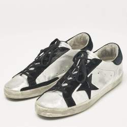 Pre Owned Golden Goose Silver/Black Leather and Suede Superstar Lace Up Sneakers Size 40