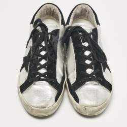 Pre Owned Golden Goose Silver/Black Leather and Suede Superstar Lace Up Sneakers Size 40