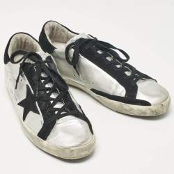 Pre Owned Golden Goose Silver/Black Leather and Suede Superstar Lace Up Sneakers Size 40