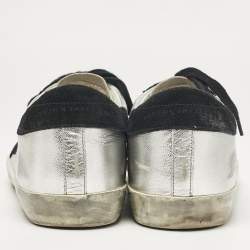 Pre Owned Golden Goose Silver/Black Leather and Suede Superstar Lace Up Sneakers Size 40