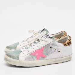 Pre Owned Golden Goose White/Grey Leather and Sequins Superstar Low Top Sneakers Size 41