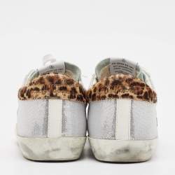 Pre Owned Golden Goose White/Grey Leather and Sequins Superstar Low Top Sneakers Size 41