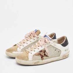 Pre Owned Golden Goose White/Grey Leather and Suede Superstar Lace Up Sneakers Size 38