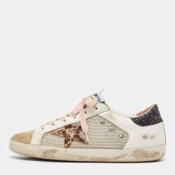 Pre Owned Golden Goose White/Grey Leather and Suede Superstar Lace Up Sneakers Size 38