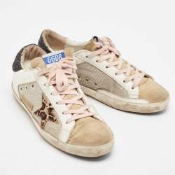 Pre Owned Golden Goose White/Grey Leather and Suede Superstar Lace Up Sneakers Size 38