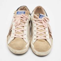Pre Owned Golden Goose White/Grey Leather and Suede Superstar Lace Up Sneakers Size 38
