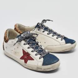 Pre Owned Golden Goose Multicolor Calf Leather and Denim Super Star Lace Up Sneakers Size 39