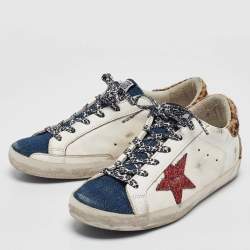 Pre Owned Golden Goose Multicolor Calf Leather and Denim Super Star Lace Up Sneakers Size 39