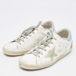 Pre Owned Golden Goose White/Blue Leather Super Star Sneakers Size 39