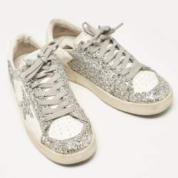 Pre Owned Golden Goose White/Silver Glitter and Leather Stardan  Sneakers Size 39