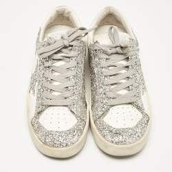 Pre Owned Golden Goose White/Silver Glitter and Leather Stardan  Sneakers Size 39