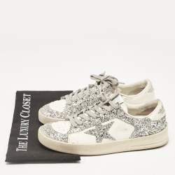 Pre Owned Golden Goose White/Silver Glitter and Leather Stardan  Sneakers Size 39