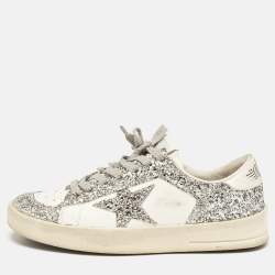 Pre Owned Golden Goose White/Silver Glitter and Leather Stardan  Sneakers Size 39