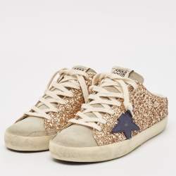 Pre Owned Golden Goose Gold Glitter and Suede Superstar Mules Size 37