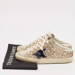Pre Owned Golden Goose Gold Glitter and Suede Superstar Mules Size 37
