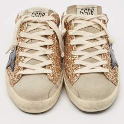 Pre Owned Golden Goose Gold Glitter and Suede Superstar Mules Size 37