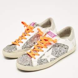 Pre Owned Golden Goose White/Grey Glitter and Leather Super Star Sneakers Size 39