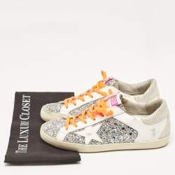 Pre Owned Golden Goose White/Grey Glitter and Leather Super Star Sneakers Size 39