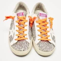 Pre Owned Golden Goose White/Grey Glitter and Leather Super Star Sneakers Size 39