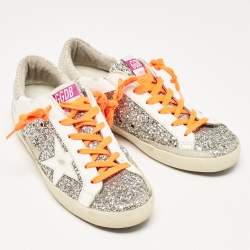 Pre Owned Golden Goose White/Grey Glitter and Leather Super Star Sneakers Size 39