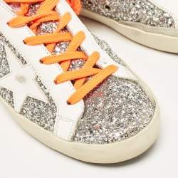 Pre Owned Golden Goose White/Grey Glitter and Leather Super Star Sneakers Size 39