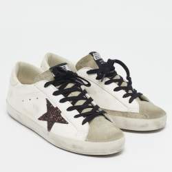 Pre Owned Golden Goose White/Grey Leather and Suede Superstar Lace Up Sneakers Size 39