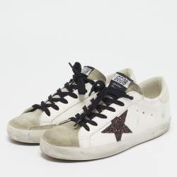 Pre Owned Golden Goose White/Grey Leather and Suede Superstar Lace Up Sneakers Size 39