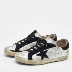 Pre Owned Golden Goose Silver/Black Leather and Suede Superstar Low Top Sneakers Size 40