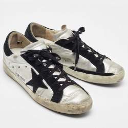 Pre Owned Golden Goose Silver/Black Leather and Suede Superstar Low Top Sneakers Size 40