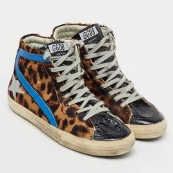 Pre Owned Golden Goose Multicolor Leather and Leopard Print Calf Hair High Top Sneakers Size 39