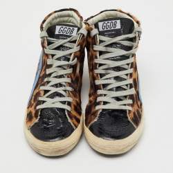 Pre Owned Golden Goose Multicolor Leather and Leopard Print Calf Hair High Top Sneakers Size 39