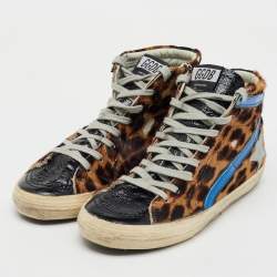 Pre Owned Golden Goose Multicolor Leather and Leopard Print Calf Hair High Top Sneakers Size 39