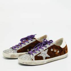 Pre Owned Golden Goose Brown/Silver Velvet and Glitter Superstar Low Top Sneakers Size 38
