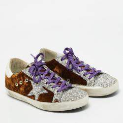 Pre Owned Golden Goose Brown/Silver Velvet and Glitter Superstar Low Top Sneakers Size 38